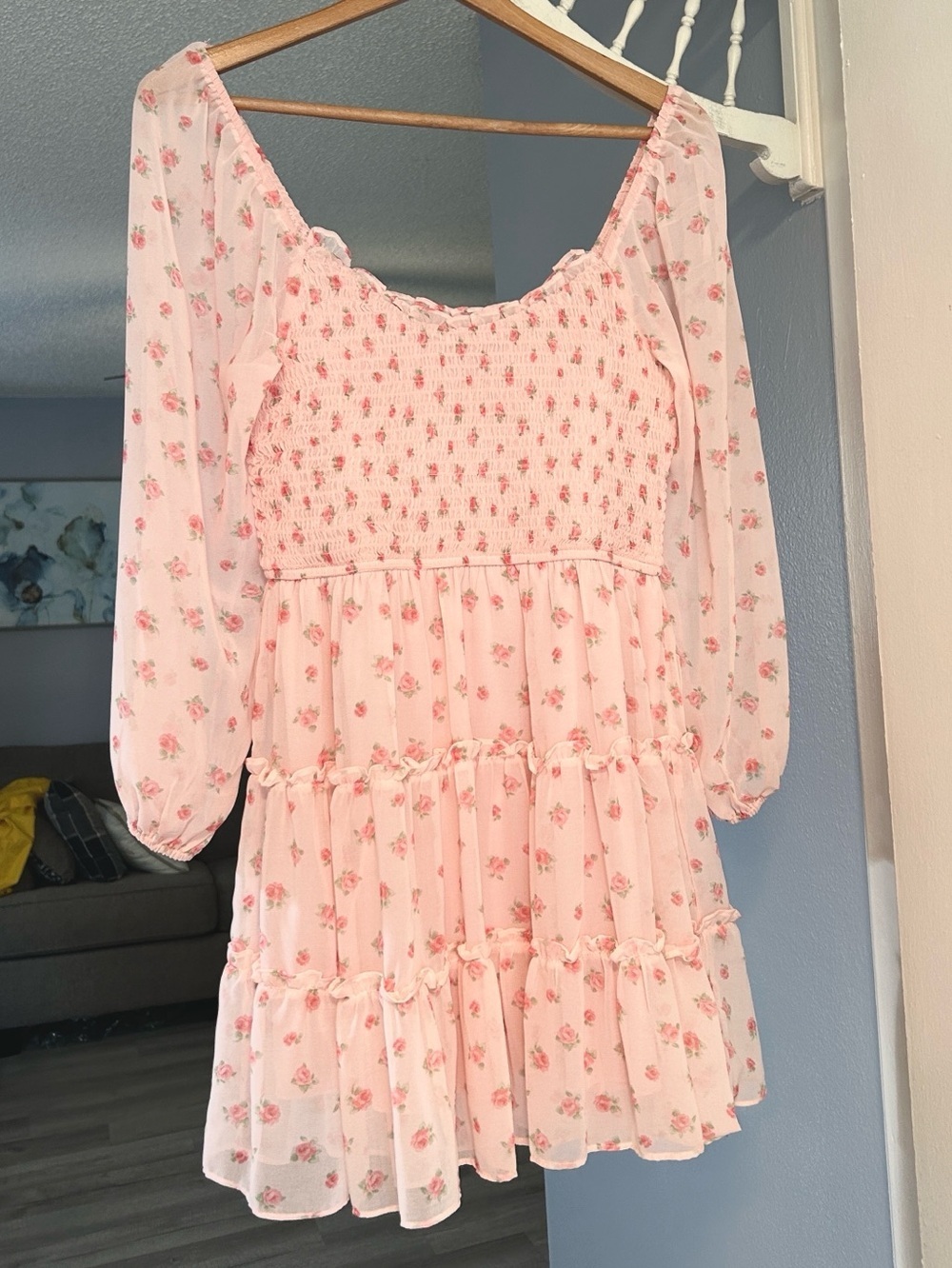 B Darlin Womens Pink Floral Smocked Tiered Mini Floral Dress Junior Size 7/8 NWT